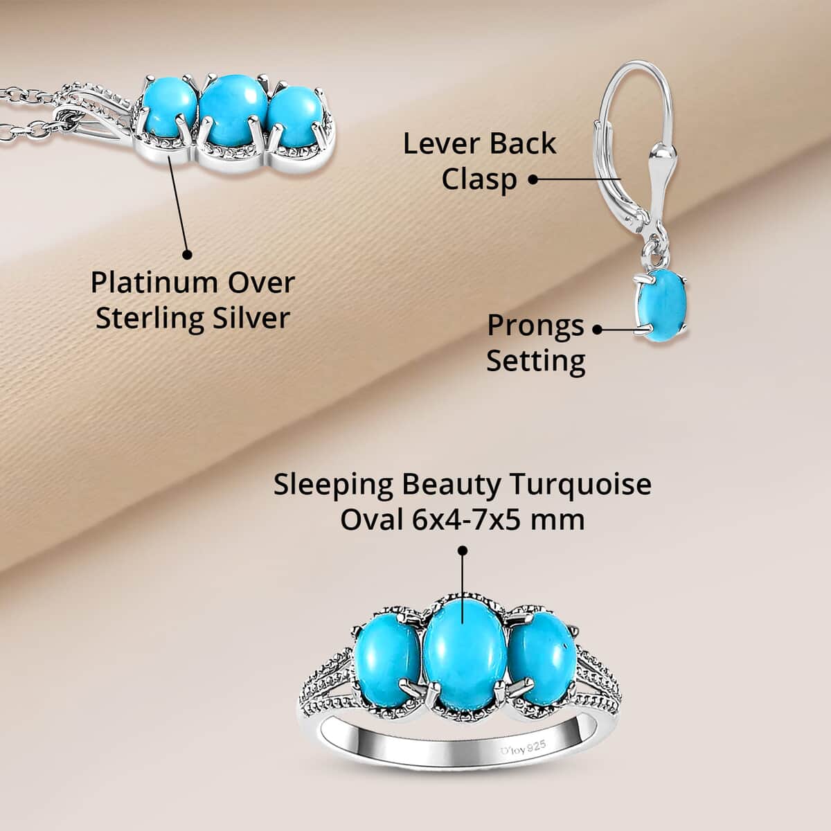 Sleeping Beauty Turquoise Lever Back Earrings, 3 Stone Ring Size 9.0 and Pendant in Platinum Over Sterling Silver with Stainless Steel Necklace 20 Inches 4.10 ctw image number 5