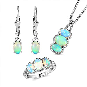 Ethiopian Welo Opal Lever Back Earrings, 3 Stone Ring (Size 7.0) and Pendant in Platinum Over Sterling Silver with Stainless Steel Necklace 20 Inches 3.10 ctw