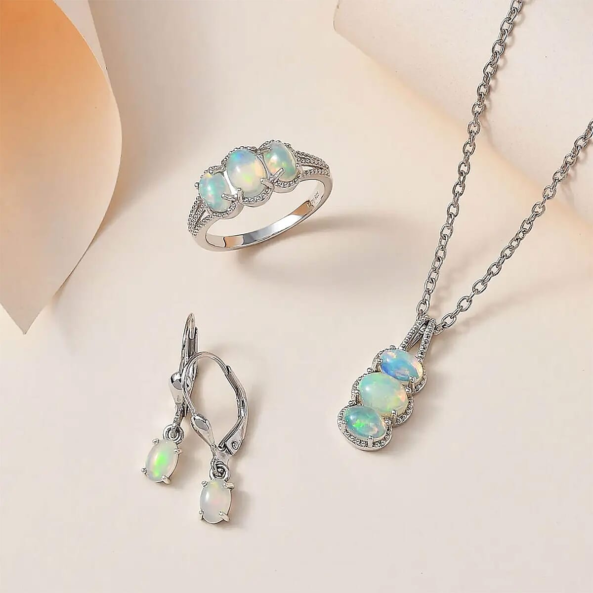 Ethiopian Welo Opal Lever Back Earrings, 3 Stone Ring (Size 7.0) and Pendant in Platinum Over Sterling Silver with Stainless Steel Necklace 20 Inches 3.10 ctw image number 1
