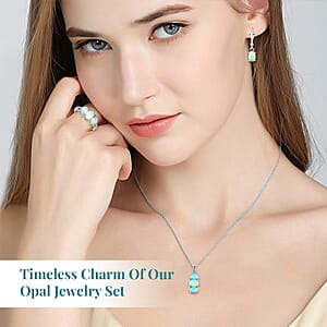 Ethiopian Welo Opal Lever Back Earrings, 3 Stone Ring (Size 7.0) and Pendant in Platinum Over Sterling Silver with Stainless Steel Necklace 20 Inches 3.10 ctw