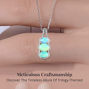 Ethiopian Welo Opal Lever Back Earrings, 3 Stone Ring (Size 7.0) and Pendant in Platinum Over Sterling Silver with Stainless Steel Necklace 20 Inches 3.10 ctw