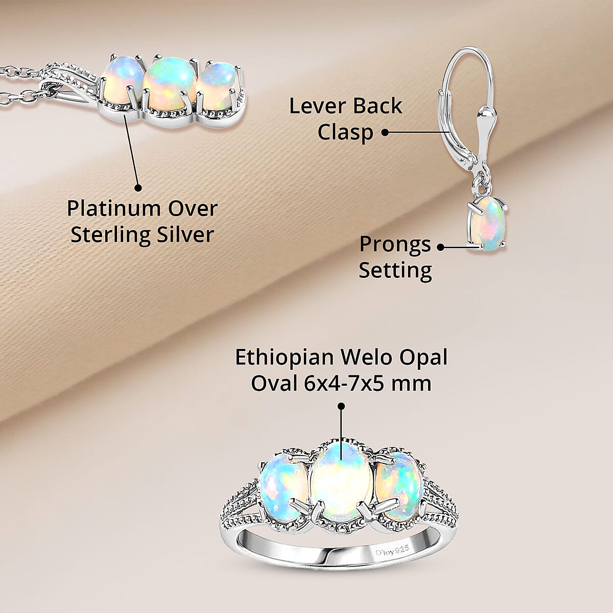 Ethiopian Welo Opal Lever Back Earrings, 3 Stone Ring (Size 7.0) and Pendant in Platinum Over Sterling Silver with Stainless Steel Necklace 20 Inches 3.10 ctw image number 5