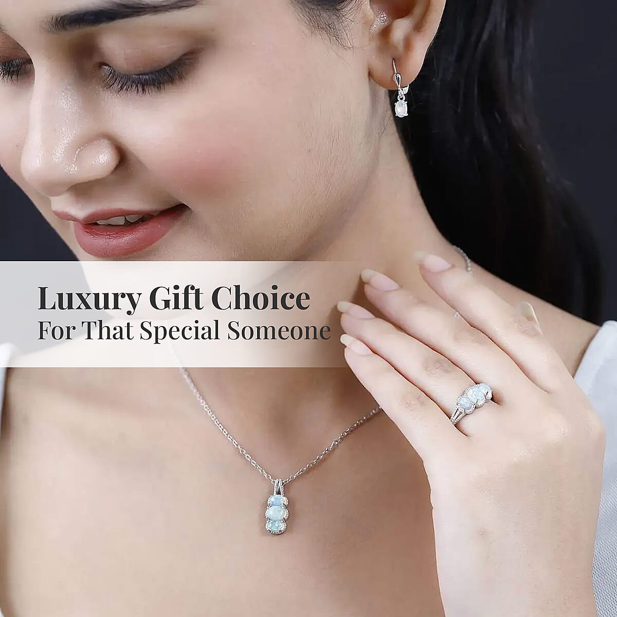 Ethiopian Welo Opal Lever Back Earrings, 3 Stone Ring (Size 7.0) and Pendant in Platinum Over Sterling Silver with Stainless Steel Necklace 20 Inches 3.10 ctw image number 6