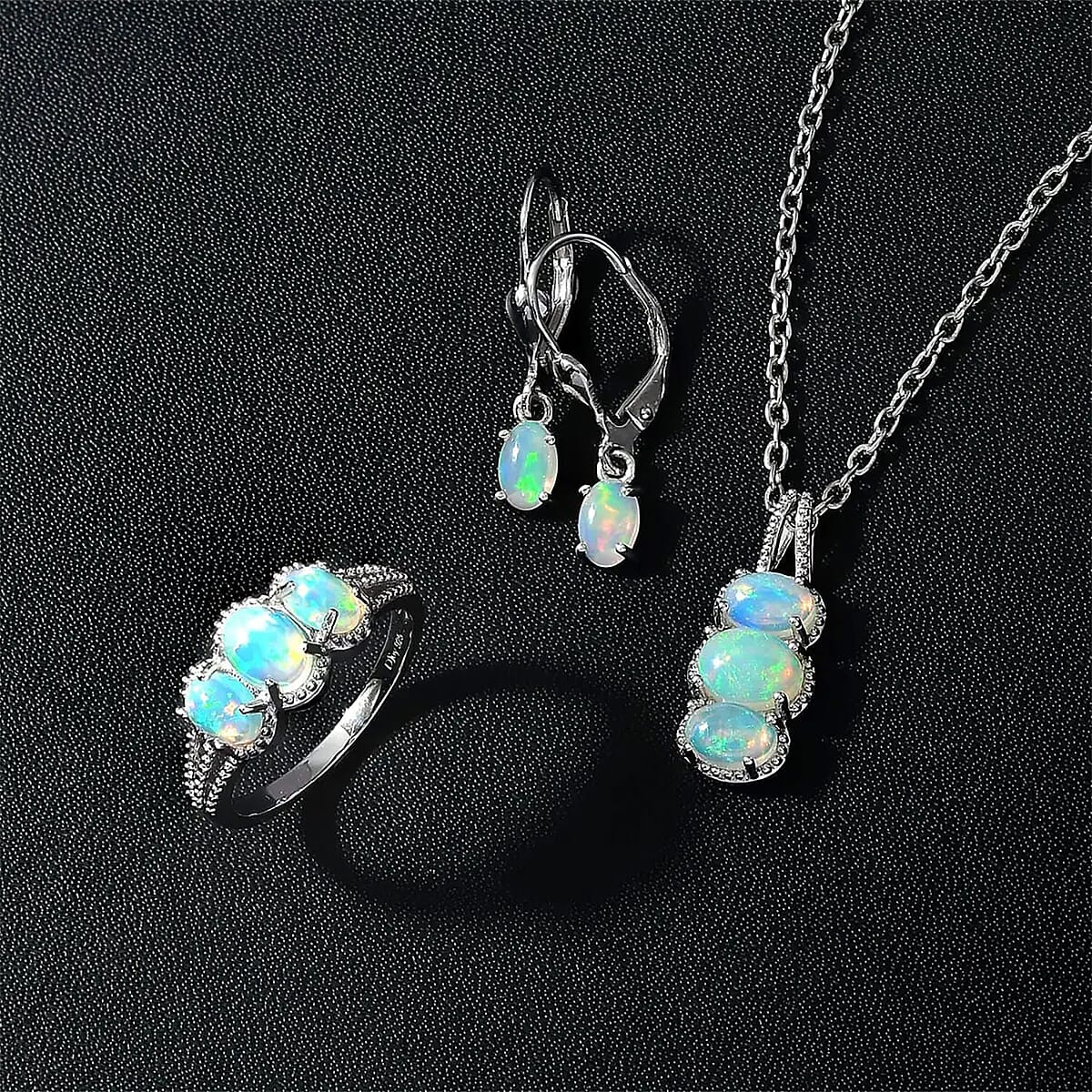 Ethiopian Welo Opal Lever Back Earrings, 3 Stone Ring (Size 7.0) and Pendant in Platinum Over Sterling Silver with Stainless Steel Necklace 20 Inches 3.10 ctw image number 7