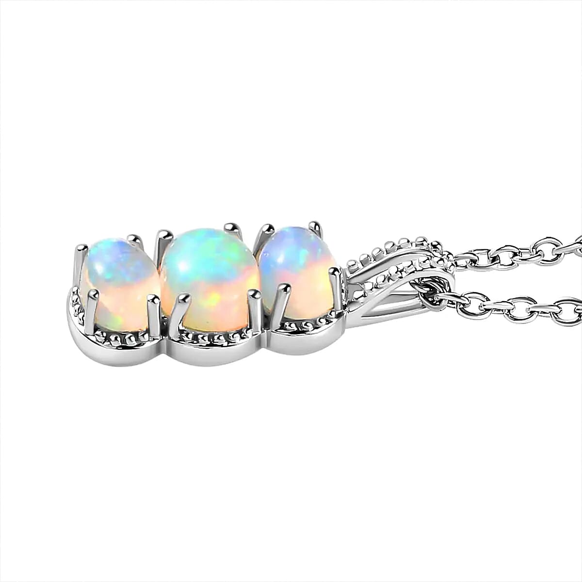 Ethiopian Welo Opal Lever Back Earrings, 3 Stone Ring (Size 7.0) and Pendant in Platinum Over Sterling Silver with Stainless Steel Necklace 20 Inches 3.10 ctw image number 8
