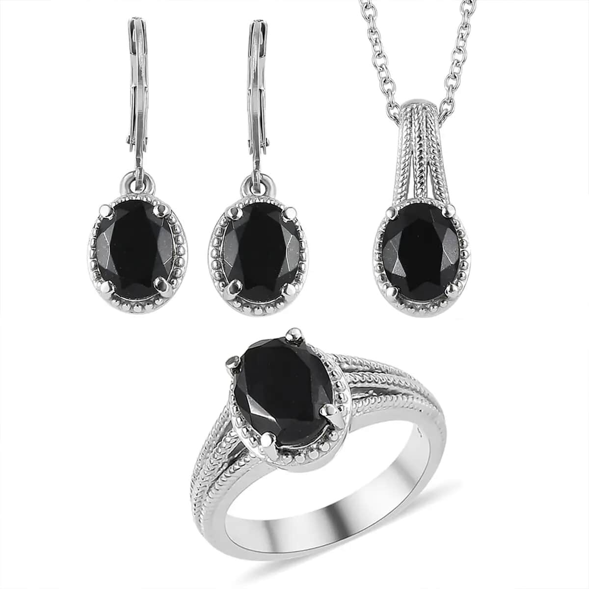 Australian Black Tourmaline Lever Back Earrings, Ring (Size 5.0), Pendant Necklace 20 Inches in Stainless Steel 8.00 ctw image number 0