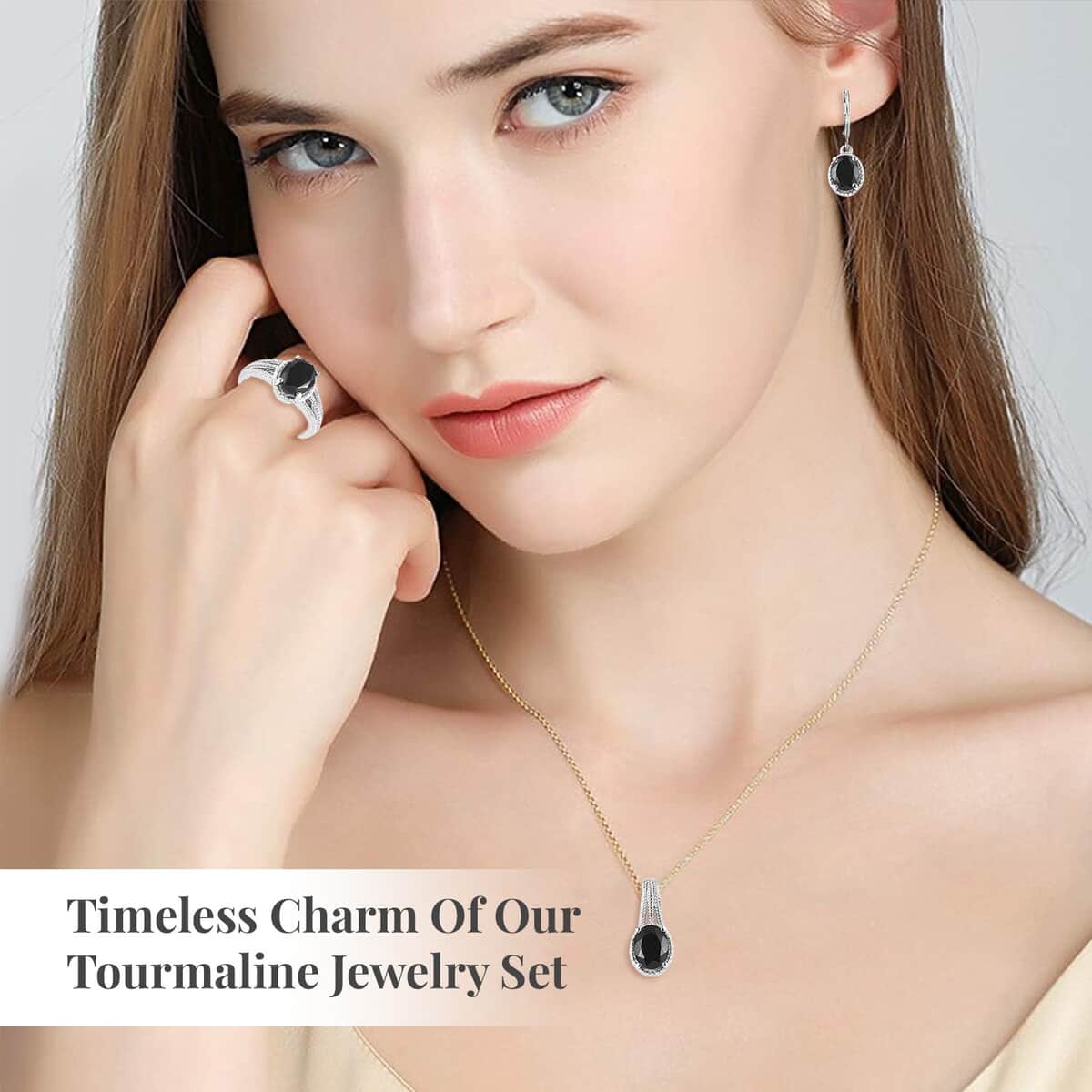Australian Black Tourmaline Lever Back Earrings, Ring (Size 5.0), Pendant Necklace 20 Inches in Stainless Steel 8.00 ctw image number 2
