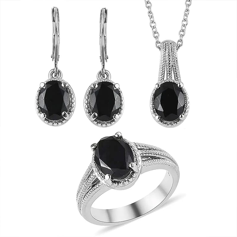 Black Tourmaline 8.00 ctw Lever Back Earrings, Ring (Size 7.0), Pendant Necklace 20 Inches in Stainless Steel