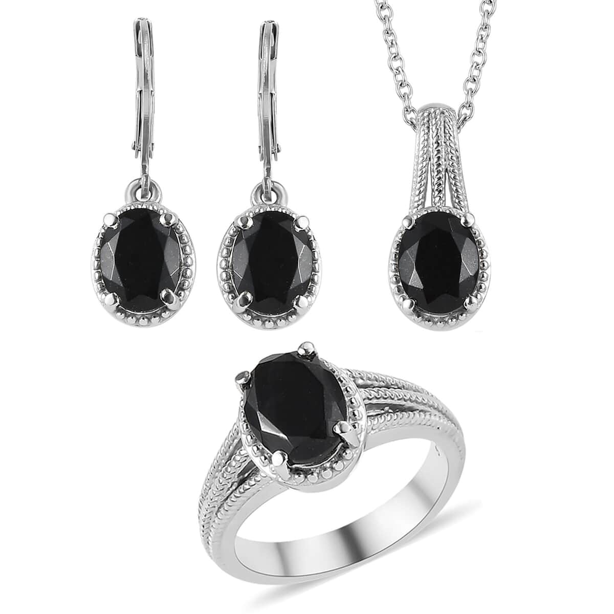 Black Tourmaline Lever Back Earrings, Ring (Size 7.0), Pendant Necklace 20 Inches in Stainless Steel 8.00 ctw image number 0