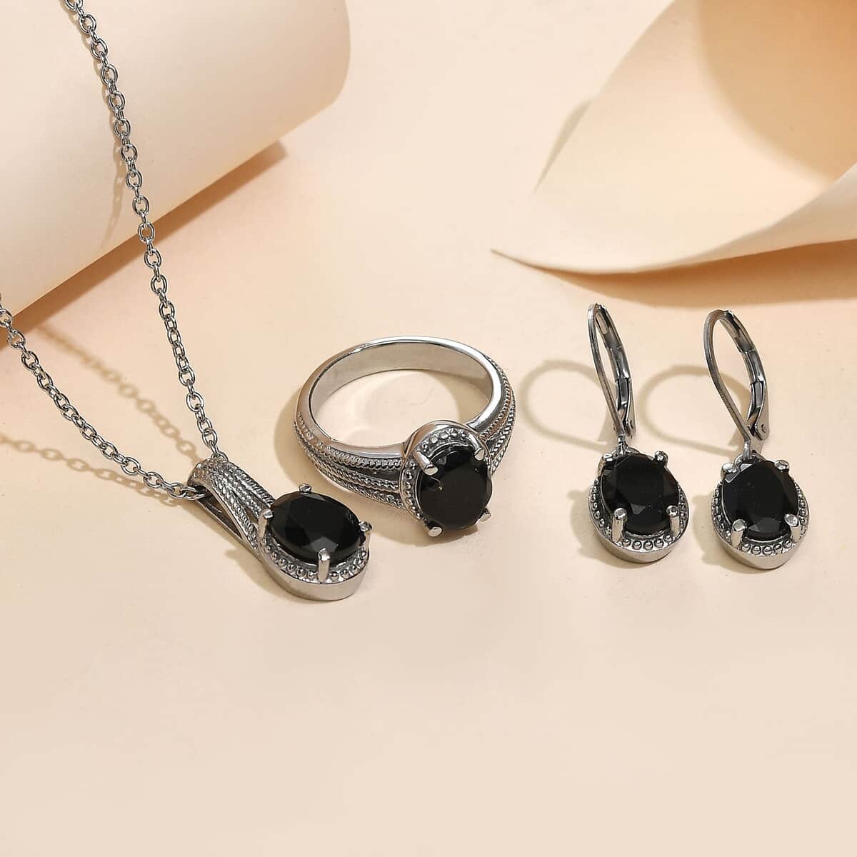 Black Tourmaline Lever Back Earrings, Ring (Size 7.0), Pendant Necklace 20 Inches in Stainless Steel 8.00 ctw image number 1