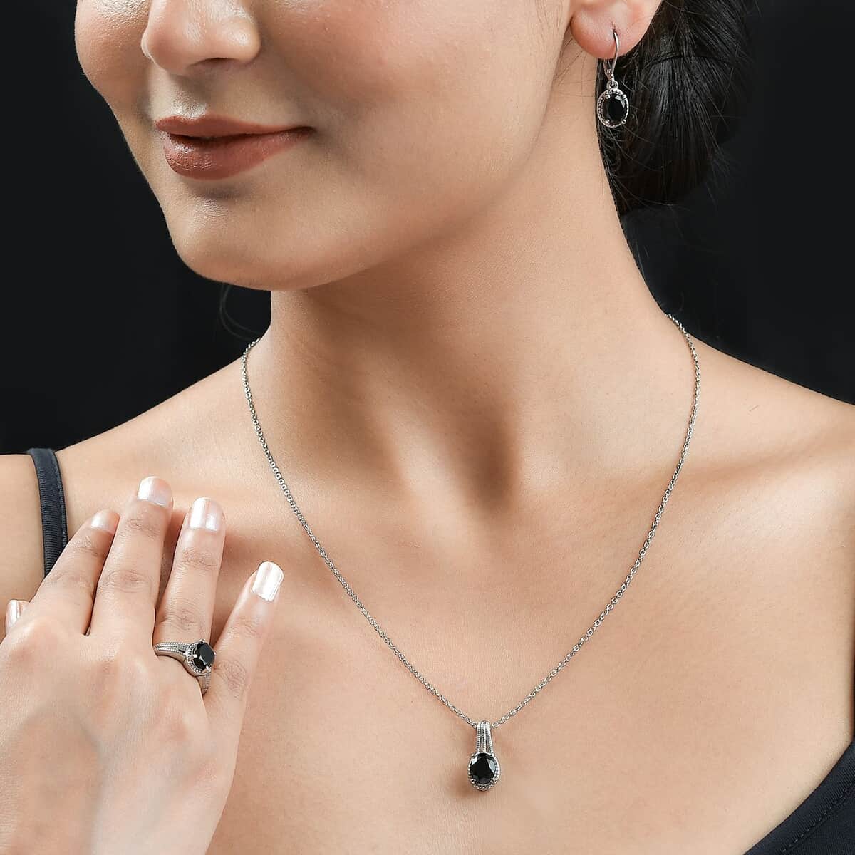 Black Tourmaline Lever Back Earrings, Ring (Size 7.0), Pendant Necklace 20 Inches in Stainless Steel 8.00 ctw image number 2