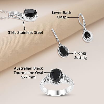 Black Tourmaline 8.00 ctw Lever Back Earrings, Ring (Size 7.0), Pendant Necklace 20 Inches in Stainless Steel
