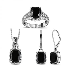 Australian Black Tourmaline Lever Back Earrings, Ring (Size 6.0), Pendant Necklace 20 Inches in Stainless Steel 7.35 ctw