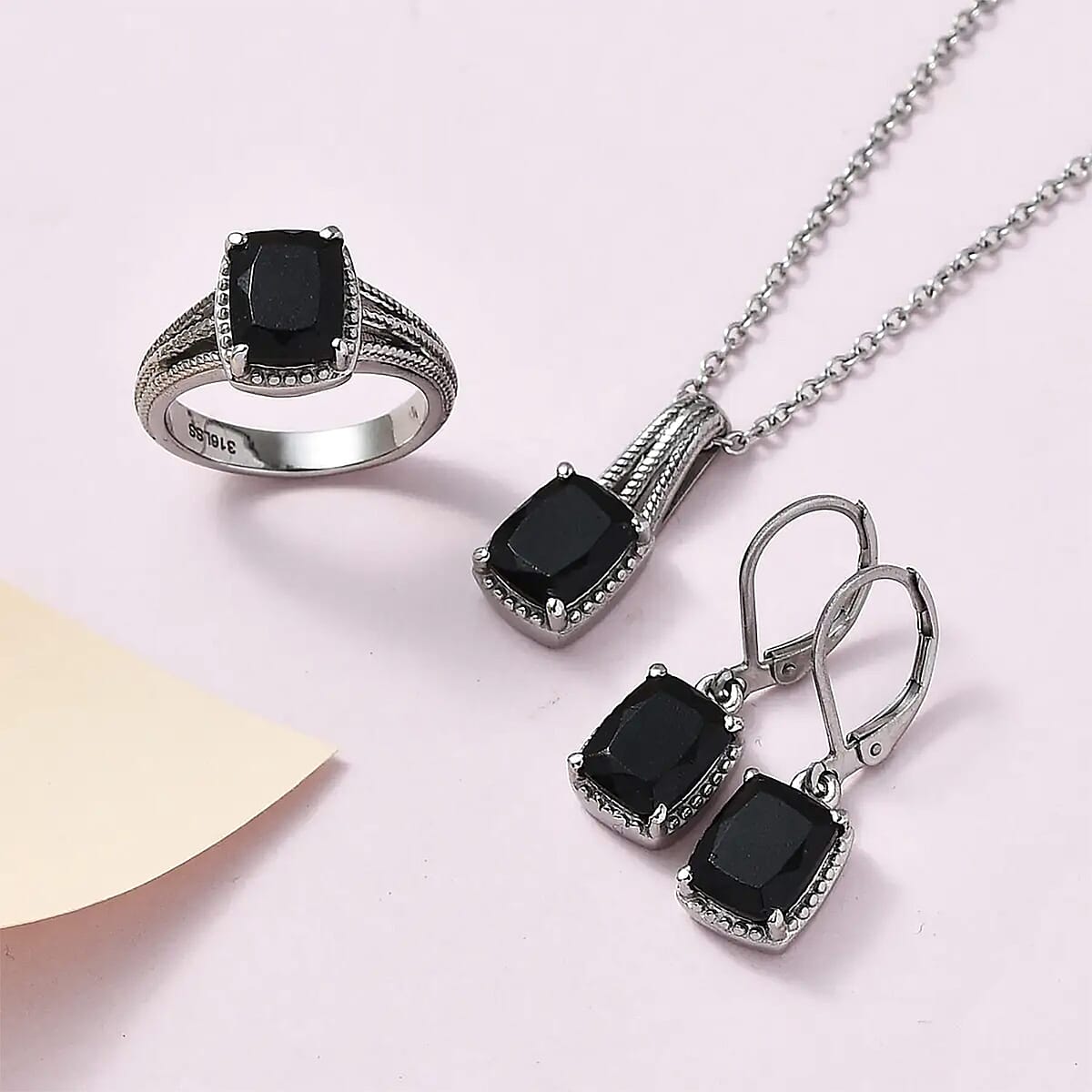 Australian Black Tourmaline Lever Back Earrings, Ring (Size 6.0), Pendant Necklace 20 Inches in Stainless Steel 7.35 ctw image number 1