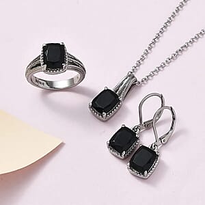 Australian Black Tourmaline Lever Back Earrings, Ring (Size 6.0), Pendant Necklace 20 Inches in Stainless Steel 7.35 ctw