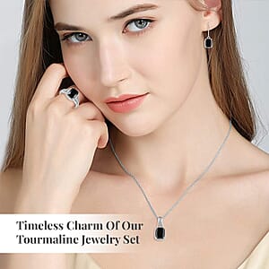 Australian Black Tourmaline Lever Back Earrings, Ring (Size 6.0), Pendant Necklace 20 Inches in Stainless Steel 7.35 ctw