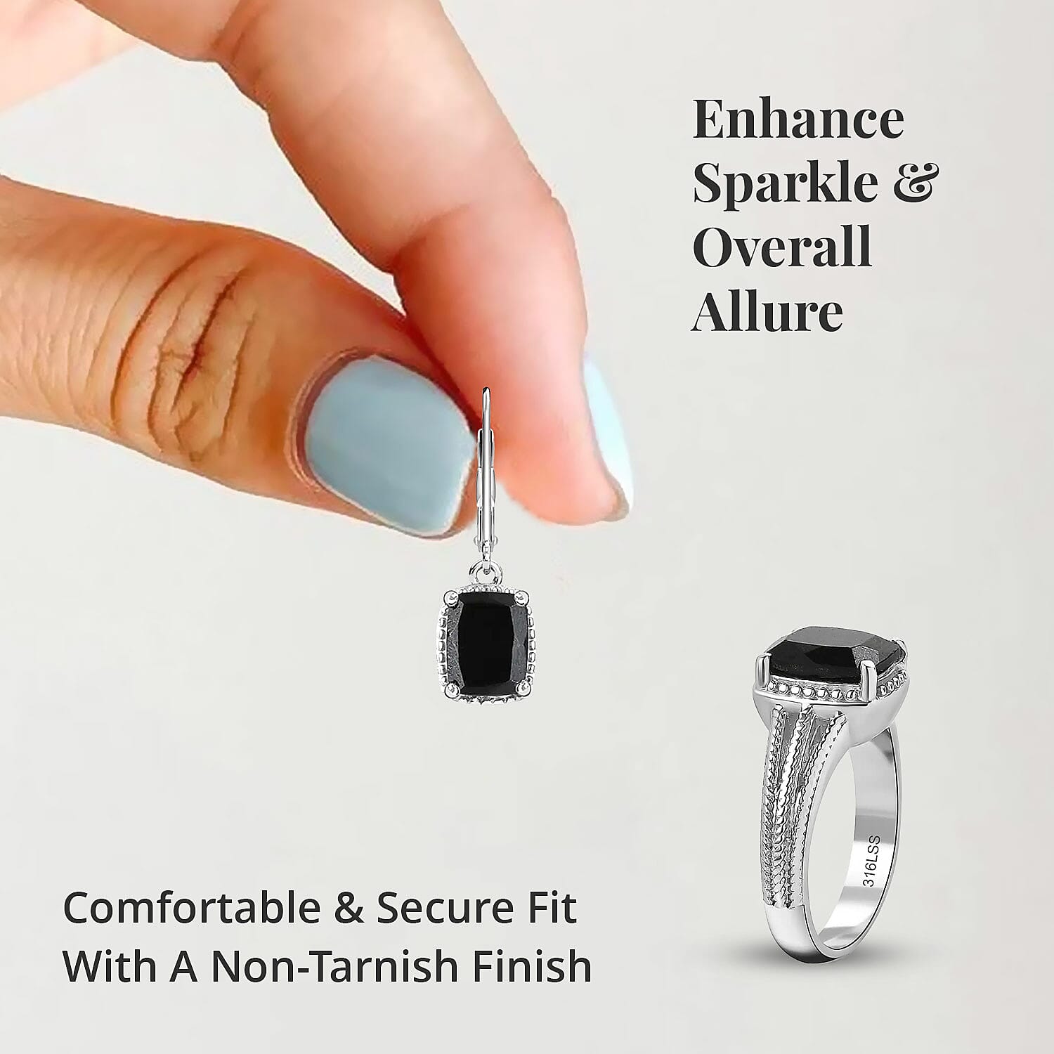 Australian Black Tourmaline Lever Back Earrings, Ring (Size 6.0), Pendant Necklace 20 Inches in Stainless Steel 7.35 ctw