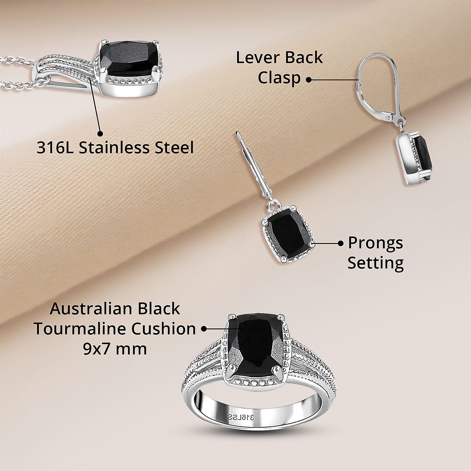 Australian Black Tourmaline Lever Back Earrings, Ring (Size 6.0), Pendant Necklace 20 Inches in Stainless Steel 7.35 ctw