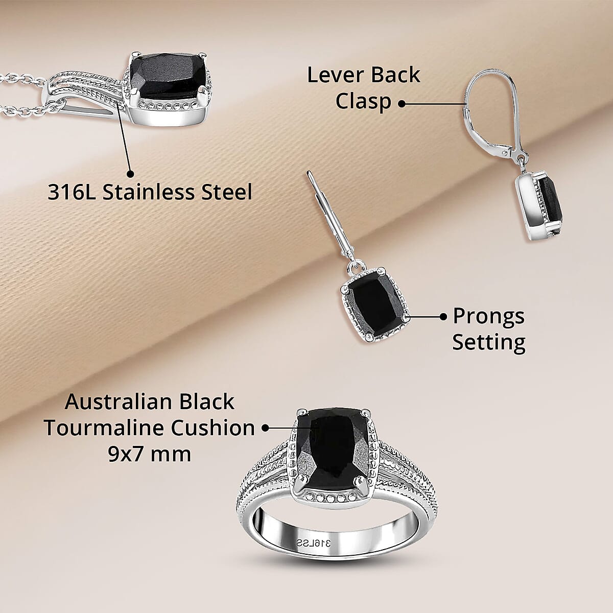 Australian Black Tourmaline Lever Back Earrings, Ring (Size 6.0), Pendant Necklace 20 Inches in Stainless Steel 7.35 ctw image number 6