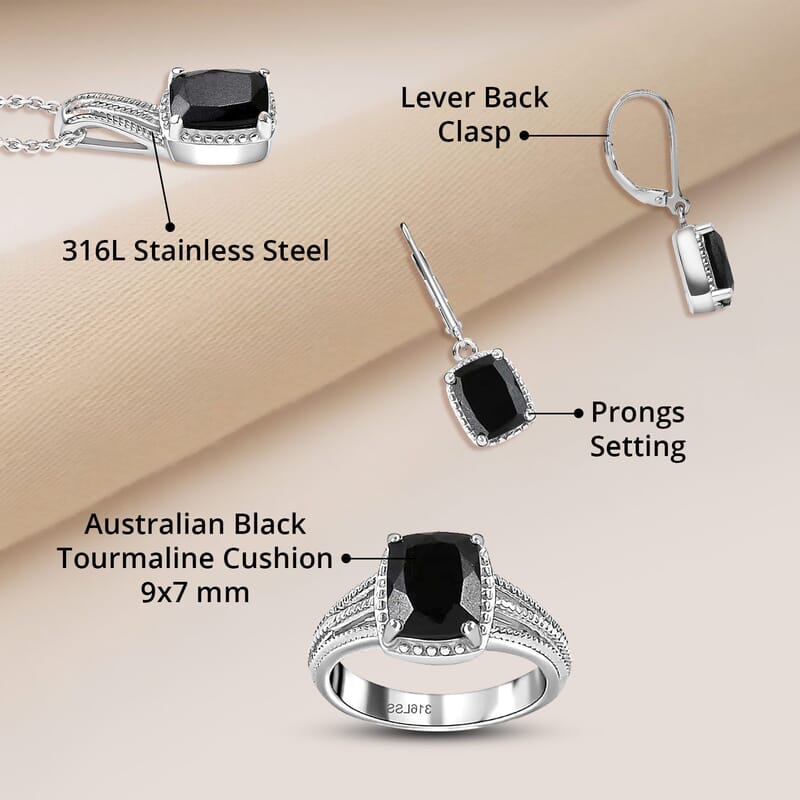 Australian Black Tourmaline Lever Back Earrings, Ring (Size 6.0), Pendant Necklace 20 Inches in Stainless Steel 7.35 ctw