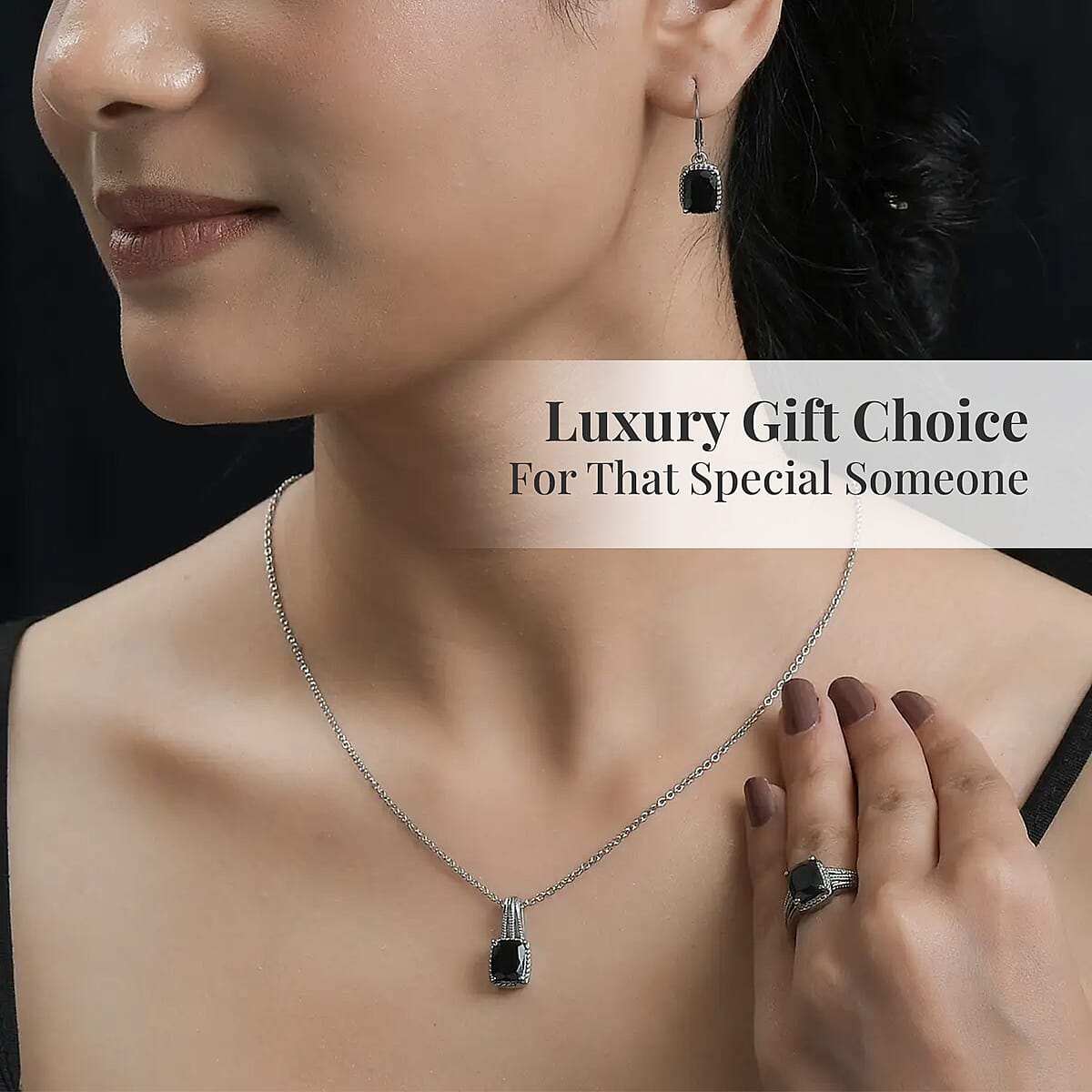 Australian Black Tourmaline Lever Back Earrings, Ring (Size 6.0), Pendant Necklace 20 Inches in Stainless Steel 7.35 ctw image number 7