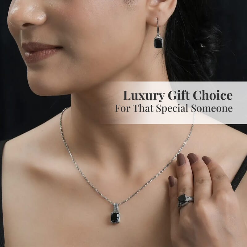 Australian Black Tourmaline Lever Back Earrings, Ring (Size 6.0), Pendant Necklace 20 Inches in Stainless Steel 7.35 ctw