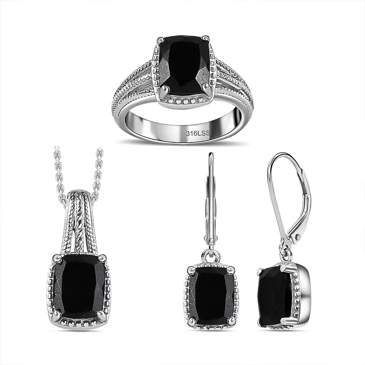 Australian Black Tourmaline Lever Back Earrings, Ring (Size 11.0), Pendant Necklace 20 Inches in Stainless Steel 7.35 ctw image number 0