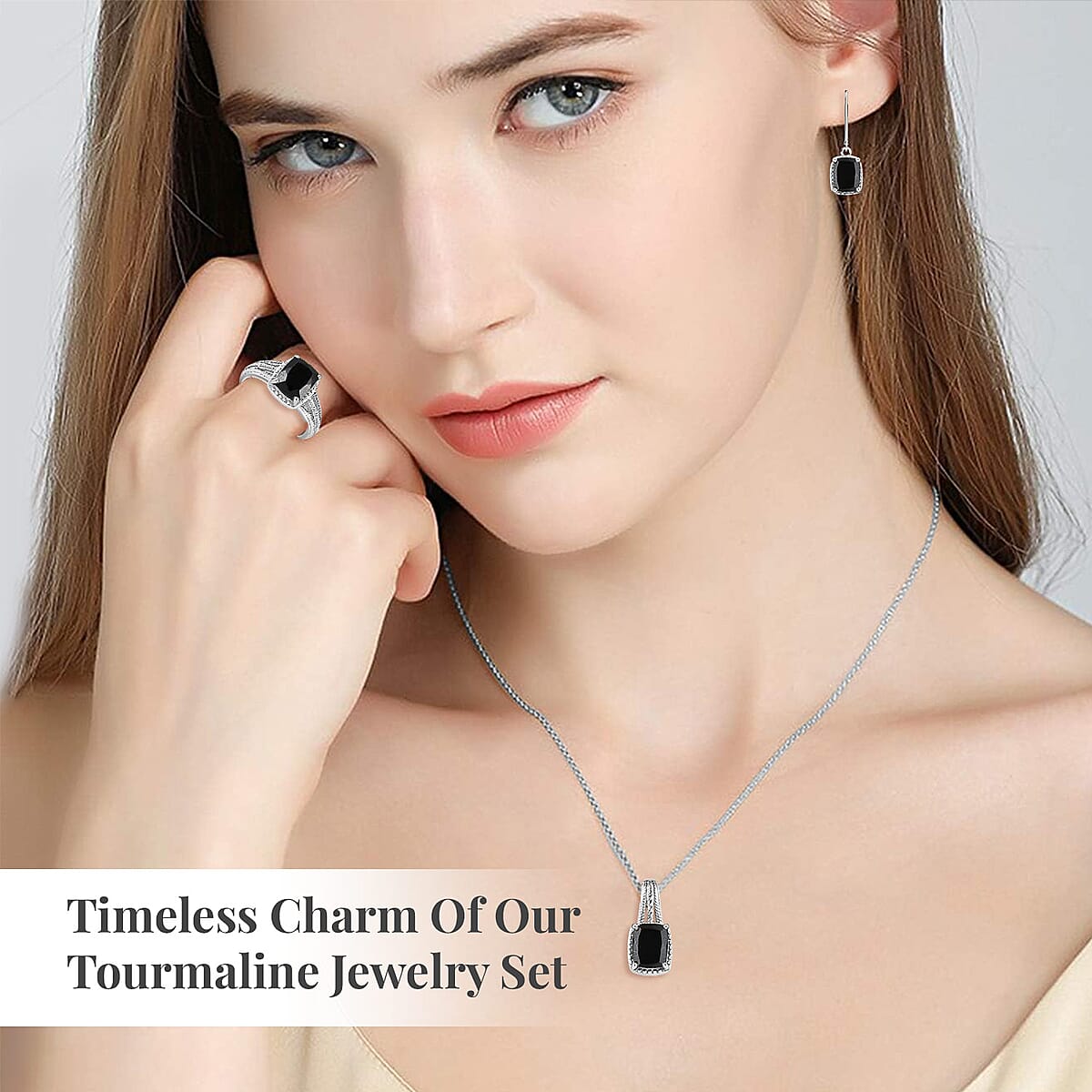 Australian Black Tourmaline Lever Back Earrings, Ring (Size 11.0), Pendant Necklace 20 Inches in Stainless Steel 7.35 ctw image number 3