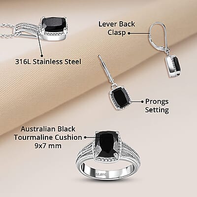 Australian Black Tourmaline Lever Back Earrings, Ring (Size 11.0), Pendant Necklace 20 Inches in Stainless Steel 7.35 ctw