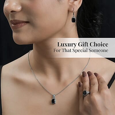 Australian Black Tourmaline Lever Back Earrings, Ring (Size 11.0), Pendant Necklace 20 Inches in Stainless Steel 7.35 ctw