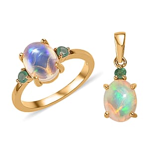 Ethiopian Welo Opal, Emerald Ring (Size 8.0) and Pendant without Chain in Vermeil Yellow Gold Over Sterling Silver 2.40 ctw