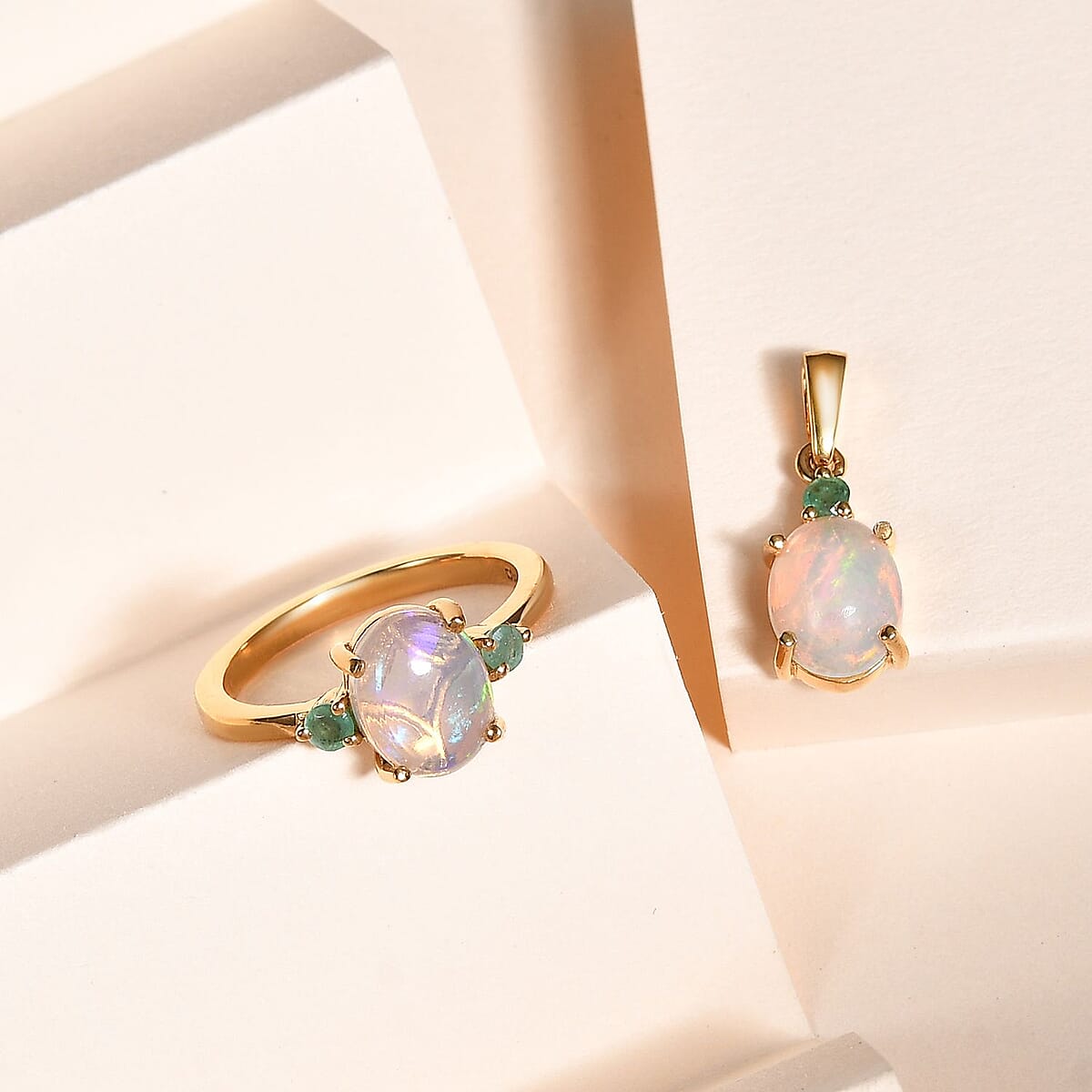 Ethiopian Welo Opal, Emerald Ring (Size 8.0) and Pendant without Chain in Vermeil Yellow Gold Over Sterling Silver 2.40 ctw image number 1