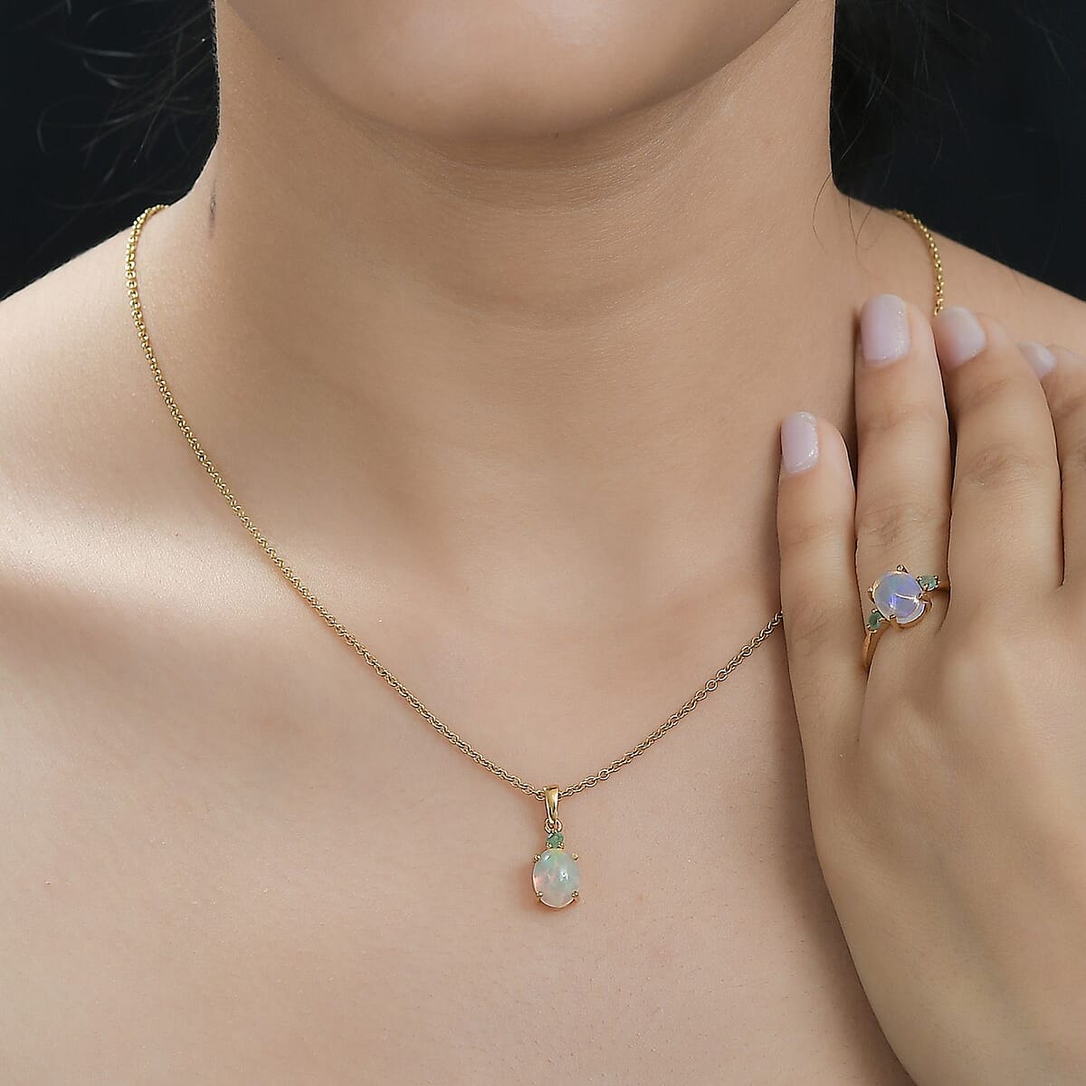 Ethiopian Welo Opal, Emerald Ring (Size 8.0) and Pendant without Chain in Vermeil Yellow Gold Over Sterling Silver 2.40 ctw image number 2