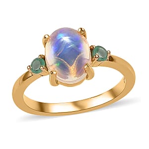 Ethiopian Welo Opal, Emerald Ring (Size 8.0) and Pendant without Chain in Vermeil Yellow Gold Over Sterling Silver 2.40 ctw