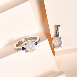 Ethiopian Welo Opal, Ceylon Sapphire Ring (Size 8.0) and Pendant in Platinum Over Sterling Silver 2.40 ctw