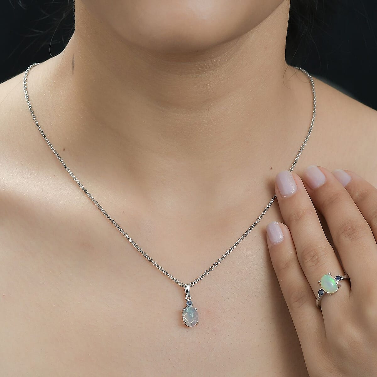 Ethiopian Welo Opal, Ceylon Sapphire Ring (Size 8.0) and Pendant in Platinum Over Sterling Silver 2.40 ctw image number 2