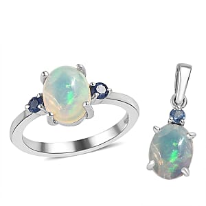 Ethiopian Welo Opal, Ceylon Sapphire Ring (Size 9.0) and Pendant in Platinum Over Sterling Silver 2.40 ctw