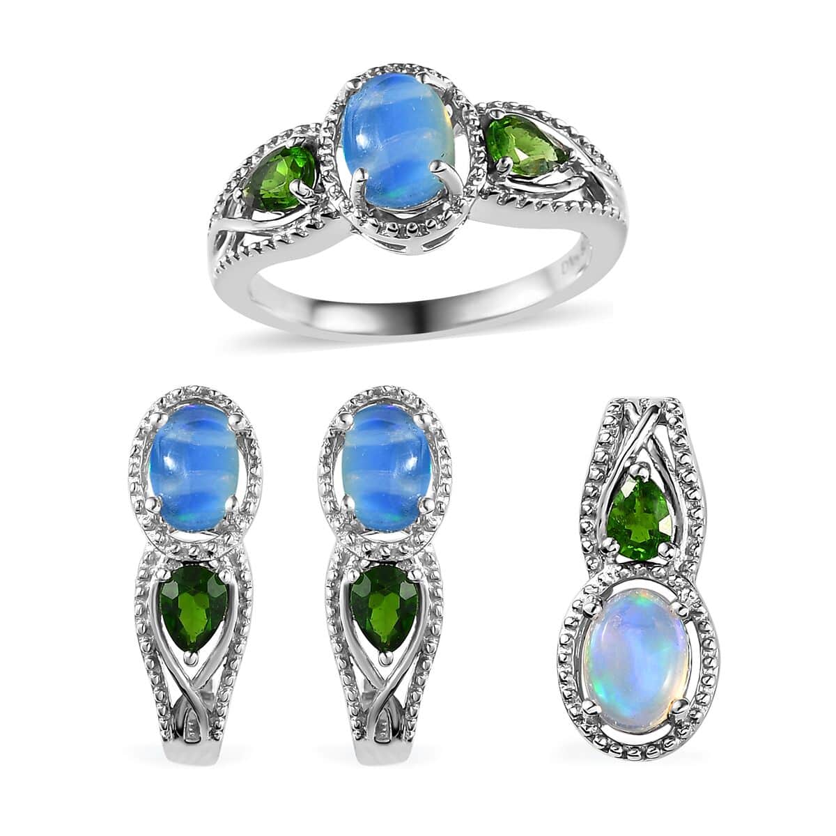 Premium Ethiopian Welo Opal and Chrome Diopside J-Hoop Earrings, Ring (Size 8.0) and Pendant in Platinum Over Sterling Silver 2.90 ctw image number 0