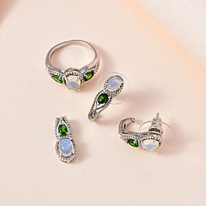 Premium Ethiopian Welo Opal and Chrome Diopside J-Hoop Earrings, Ring (Size 8.0) and Pendant without Chain in Platinum Over Sterling Silver 2.90 ctw