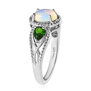 Premium Ethiopian Welo Opal and Chrome Diopside J-Hoop Earrings, Ring (Size 8.0) and Pendant without Chain in Platinum Over Sterling Silver 2.90 ctw