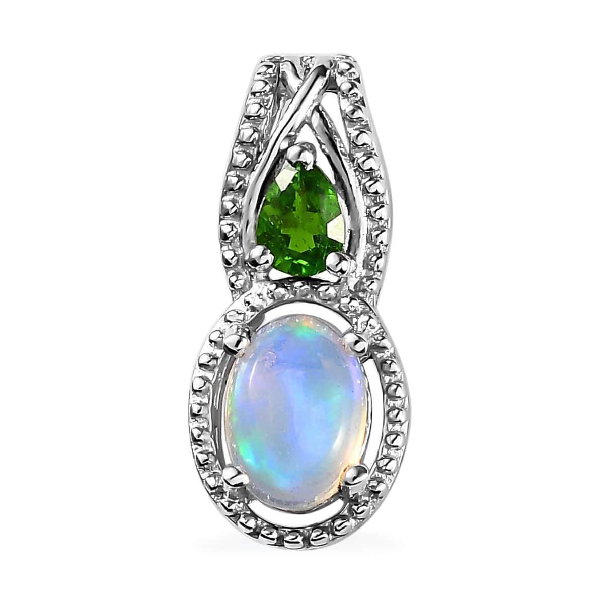 Premium Ethiopian Welo Opal and Chrome Diopside J-Hoop Earrings, Ring (Size 8.0) and Pendant in Platinum Over Sterling Silver 2.90 ctw image number 4