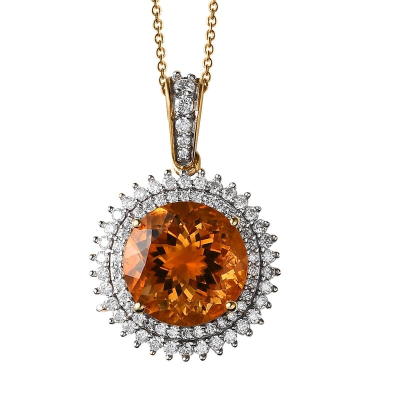 Serra Gaucha Citrine and Moissanite Halo Pendant Necklace 20 Inches in Vermeil Yellow Gold Over Sterling Silver 9.00 ctw