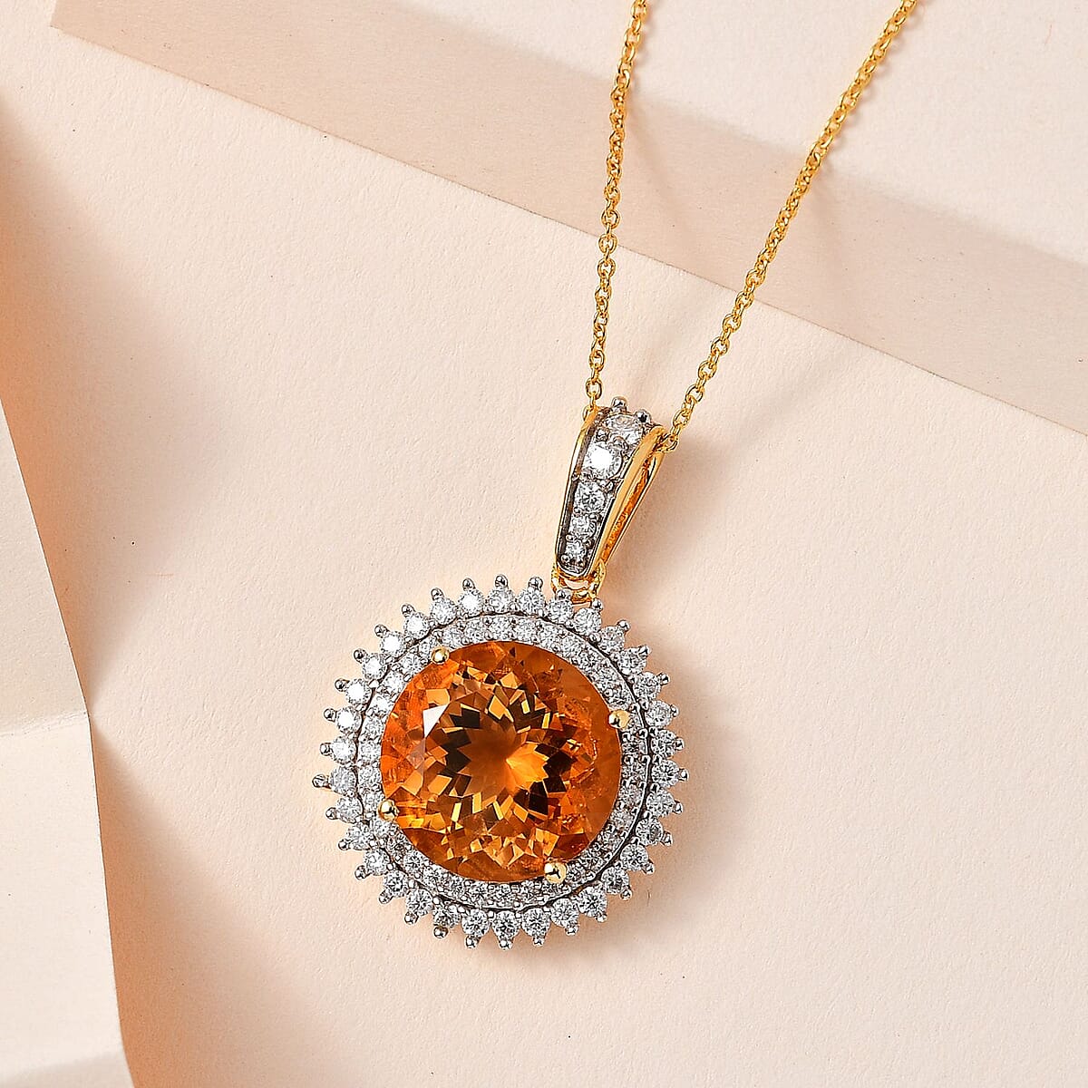 Serra Gaucha Citrine and Moissanite Halo Pendant Necklace 20 Inches in Vermeil Yellow Gold Over Sterling Silver 9.00 ctw image number 1