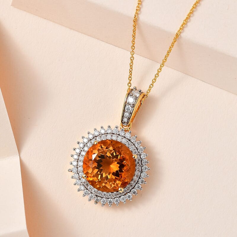 Serra Gaucha Citrine and Moissanite Halo Pendant Necklace 20 Inches in Vermeil Yellow Gold Over Sterling Silver 9.00 ctw