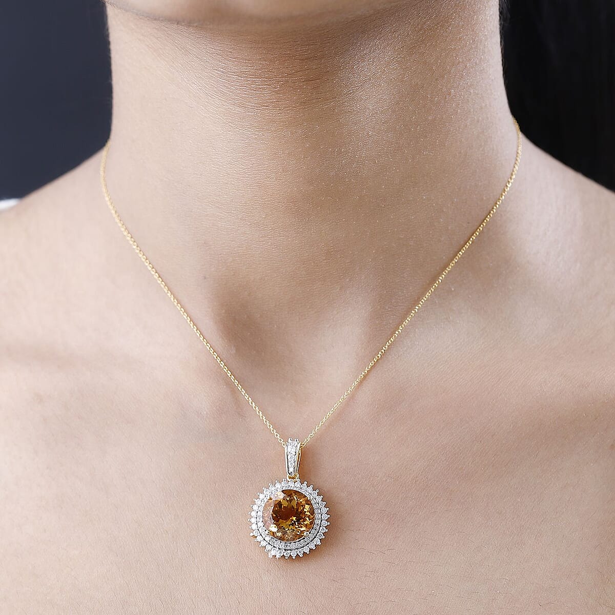 Serra Gaucha Citrine and Moissanite Halo Pendant Necklace 20 Inches in Vermeil Yellow Gold Over Sterling Silver 9.00 ctw image number 2