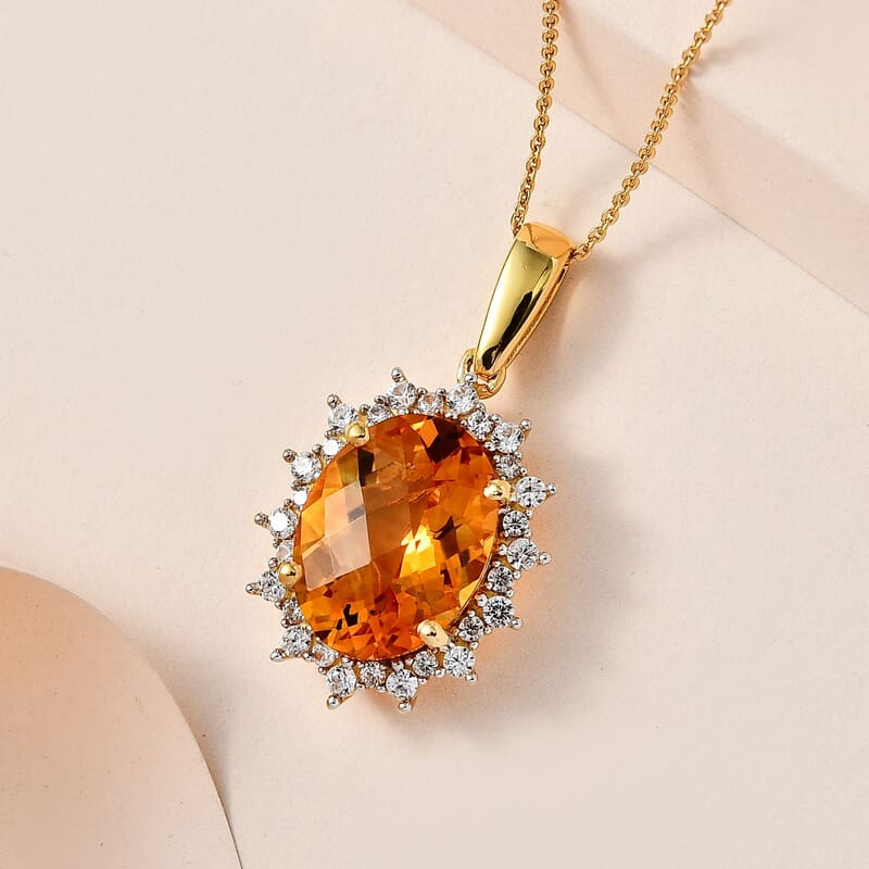 Serra Gaucha Citrine and White Zircon Pendant Necklace 20 Inches in Vermeil Yellow Gold Over Sterling Silver 9.80 ctw