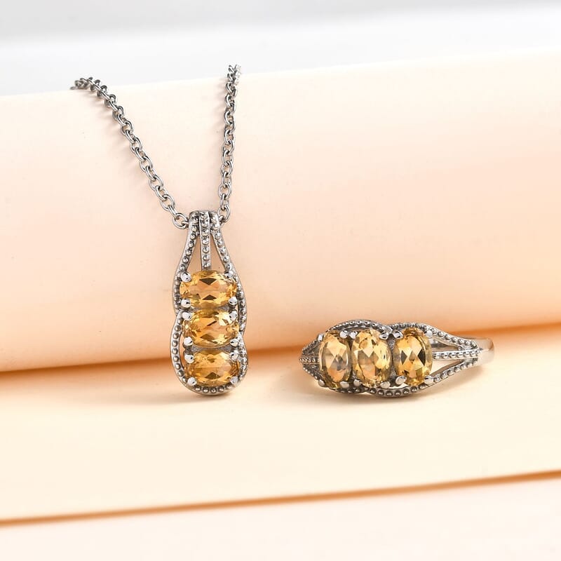 Brazilian Citrine 2.70 ctw 3 Stone Ring (Size 5.0) and Pendant Necklace 20 Inches in Stainless Steel