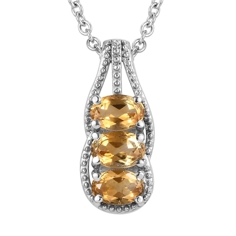 Brazilian Citrine 2.70 ctw 3 Stone Ring (Size 5.0) and Pendant Necklace 20 Inches in Stainless Steel