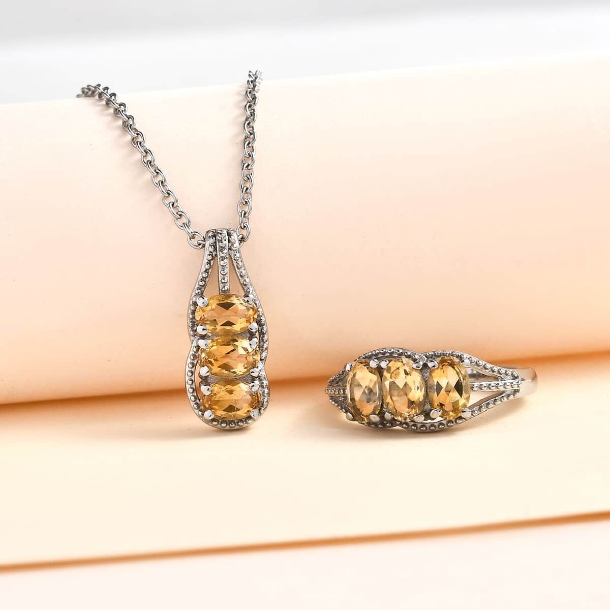 Brazilian Citrine 2.70 ctw 3 Stone Ring (Size 7.0) and Pendant Necklace 20 Inches in Stainless Steel image number 1