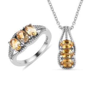 Brazilian Citrine 2.70 ctw 3 Stone Ring (Size 8.0) and Pendant Necklace 20 Inches in Stainless Steel